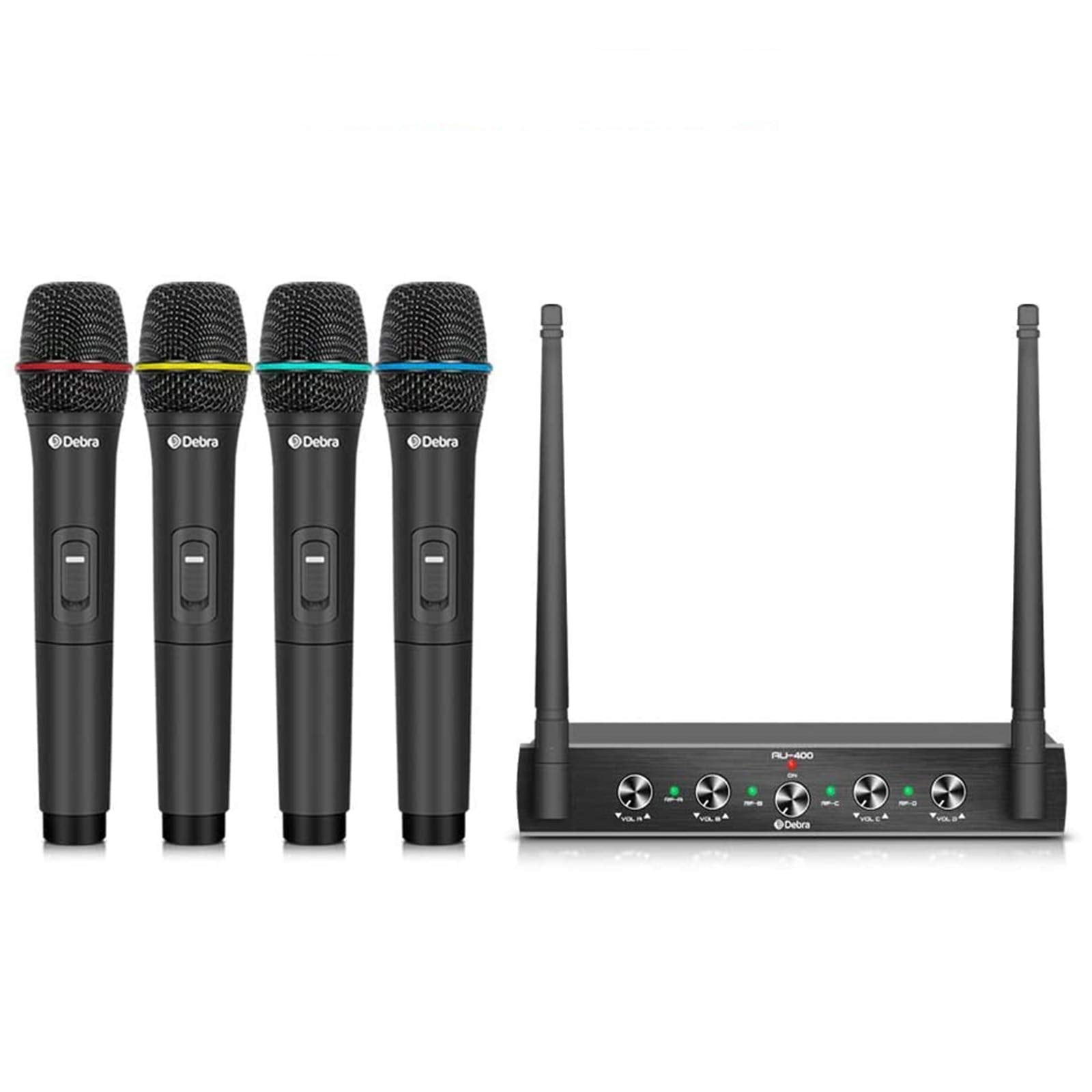Debra Audio Pro Uhf 4 Channel Wireless Microphone System With Cordless Handheld Lavalier Headset Mics, Metal Receiver, Ideal For